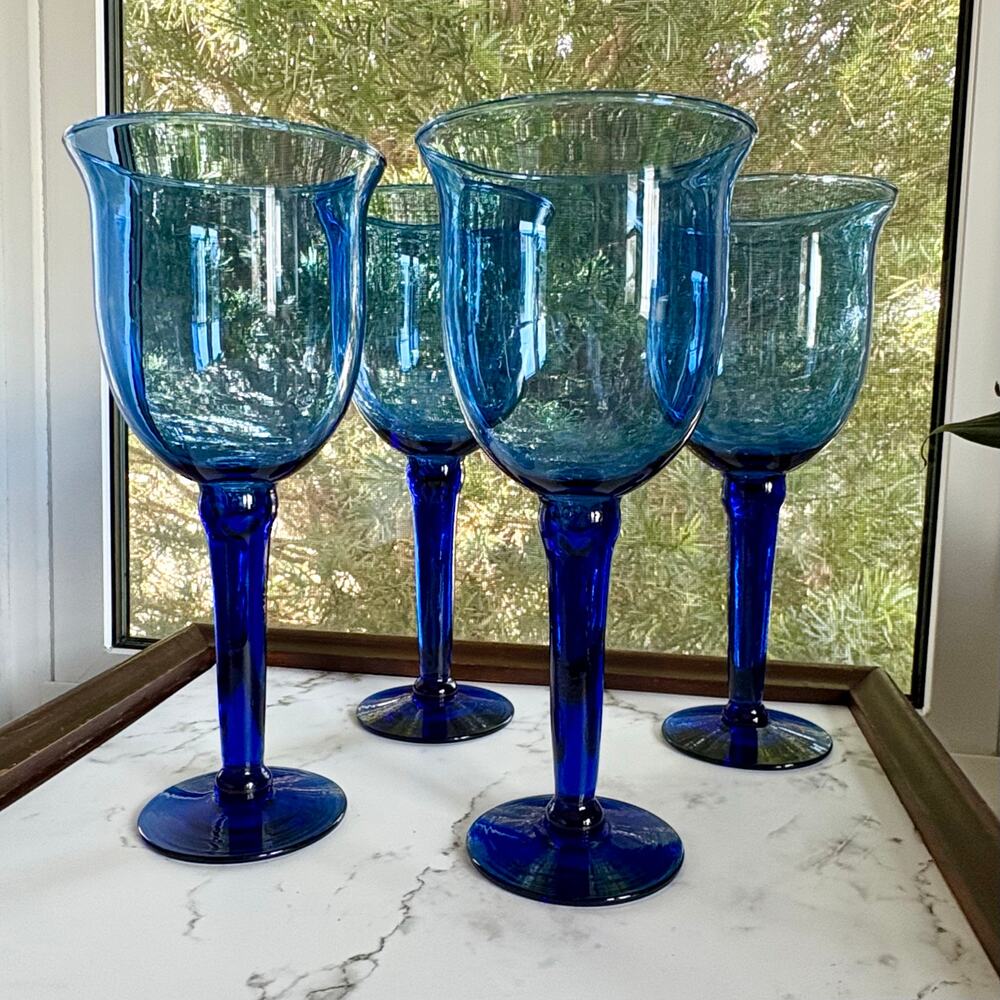 Vintage Cobalt Blue Mexican Glass Goblets Set of 4